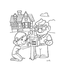 página para colorear: ¡Un buzón de correo con personajes de Up! y una casa en el fondo