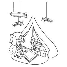 página para colorear: Los niños leen un libro en una tienda rodeada de globos y aviones modelo.