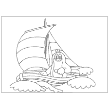 Mole on a small ship with sails, floating on the waves