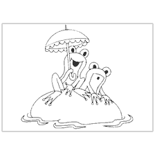 Two frogs on an island under an umbrella