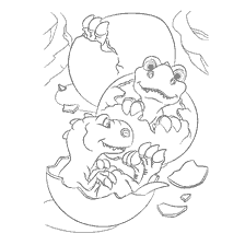Two dinosaurs hatch from eggs