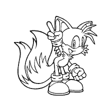Kleuren van Miles' Sonic X-karakter met een vredesgebaar