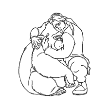 coloring page: Tarzan embraces Kala gorilla