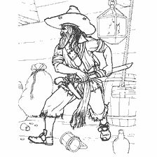 pagina da colorare: Un disegno di un vecchio pirata con una spada e cofani sullo sfondo