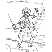 pagina da colorare: Pirata in battaglia con una spada di fronte a una nave pirata
