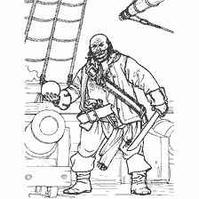 pagina da colorare: Il pirata si trova vicino al cannone sulla nave, con una spada e una palla di cannone nelle sue mani.