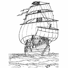 pagina da colorare: Una nave pirata in mare con una bandiera nera