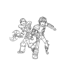 coloring page: Hiccup and Astrid, characters from the cartoon How to Train Your Dragon, on the coloring book