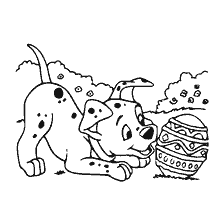 Dalmatian plays with Easter egg