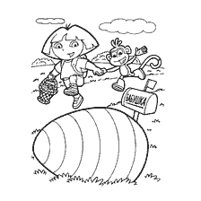 Dora and her monkey friend celebrate Easter on a coloring book.