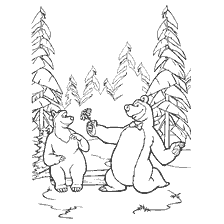 De beer geeft een bloem aan Misha op de achtergrond van het bos