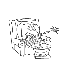 De kerstman zit in een stoel met een toverstokje en een warme deken
