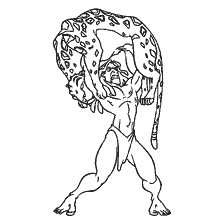 coloring page: Tarzan lifts the leopard over his head