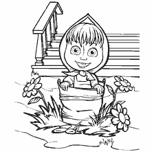 Masha en de Beer zitten in een zak tussen de bloemen