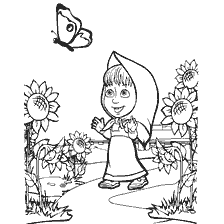 Masha bewondert een vlinder onder zonnebloemen