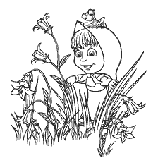 Kleuren Masha en de Beer - Mischievous Masha met een kikker onder bloemen