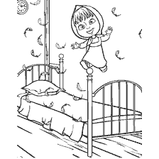 Masha van de cartoon Masha en de Beer springt op het bed, veren vliegen rond