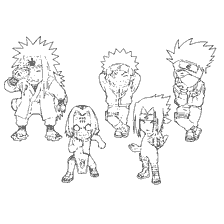 Heroes of Naruto: Sasuke, Naruto and other characters in the style of coloring books