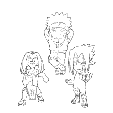 Drawing of Naruto characters: Naruto, Sakura and Sasuke in coloring book