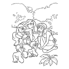 coloring page: Tarzan and Jane play with monkeys