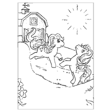 Children's coloring with a pony against the background of a shed and sun