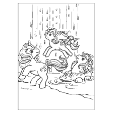 Three cute little ponies on a coloring book playing in the rain
