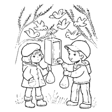 Coloring - Children feed the birds
