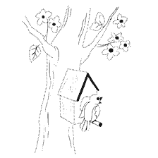 Färbung mit einem Vogelhaus und einem Vogel auf einem Baum