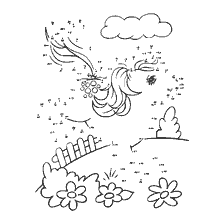 Coloring painting of a pony with hair, cloud and flowers