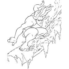 coloring page: Tarzan slides down a branch in colour