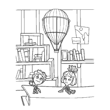 Simka et Nolik sur un livre de coloriage avec un ballon