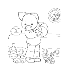 Pig hugs the ball against the background of toys and eggs