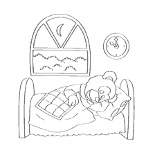 The bear sleeps in a crib under a blanket, a window with the moon in the background