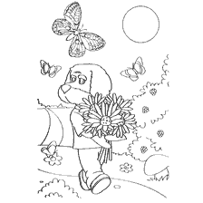 Philia from Good Night, Kids! with a bouquet of flowers among butterflies