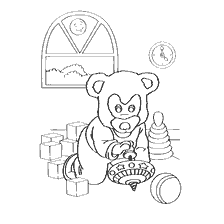 The bear plays with toys in the room