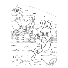 Picture with the character Stepachka and a cow against the background of flowers