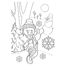 A drawing of Pigs playing on a swing in winter with a snowman and snowflakes