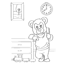 The bear stands next to the dresser and plays with a toy