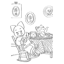 Pig sits on a rocking chair at a table with tea and cookies