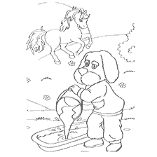 Filya pouring water into the basin, next to him running pony
