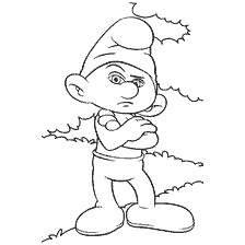 Desenho do Smurf Grumpy de pé com as mãos dobradas
