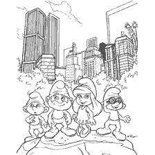 Smurfs contra o pano de fundo de uma paisagem urbana moderna