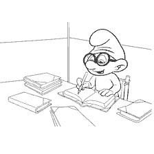Smurf O aluno senta-se em uma mesa e escreve em um livro
