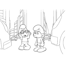 Colorir Smurfs: Smurf Prudent e Smurf Grumpy no fundo da cidade