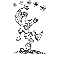 página para colorir: Buratino dança alegremente entre as flores