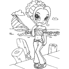 Glamorous Mädchen von Lisa Frank mit einem Strand und einem Segelboot im Hintergrund