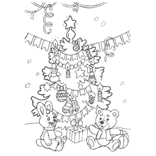 Livro de coloração infantil com uma árvore de Natal, um urso e uma lebre