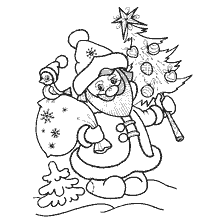 Coloration Père Noël Claus avec un sapin de Noël et un sac de cadeaux