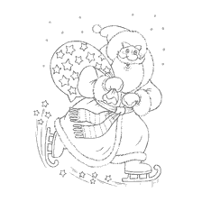 Le Père Noël patine avec un sac de cadeaux