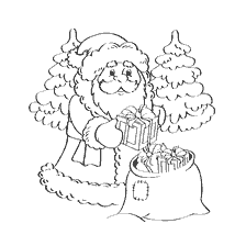 Le Père Noël tient des cadeaux près du sac